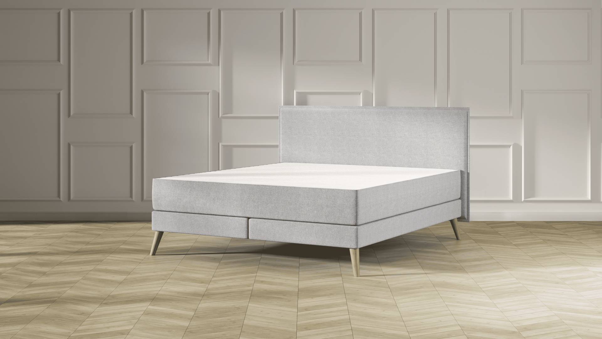 Emma Elite Boxspringbett - Hellgrau - 200x200 cm - Kopfteil Kissen - Natur Füße von Emma