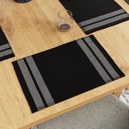 Encasa Tischsets aus Gerippter Baumwolle (6er-Set) – Leiter schwarz | 46x32 cm| Über 20 Moderne Farben und gewebte Designs. Waschbare Tischsets aus Stoff von Encasa XO