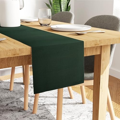 Encasa Tischläufer für 8 Seater-Esszimmer | Dunkelgrün | Feingerippte Baumwolle | Größe 32x250 cm | Über 20 Moderne Farben und gewebte Designs, maschinenwaschbar von Encasa XO