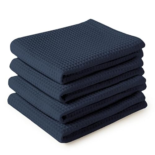 Encasa Homes Geschirrtücher X-Large 70x45 cm (4er-Set) Hochsaugfähiges Waffeltuch-Teathandtuch Antibakterielles Finish für die Reinigung und schnelle Trocknung von Tellern, Baumwolle - Navy blau von Encasa XO