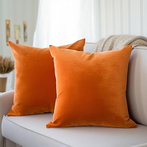 Encasa Homes Kissenbezüge aus Samt - 2er-Set (40x40 cm) - Orange- Uni gefärbt, weich & glatt, waschbar, quadratisch, großer Wurfkissenbezug für Couch, Sofa, Stuhl, Bett und Wohnbereich von Encasa