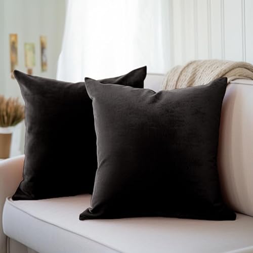 Encasa Homes Kissenbezüge aus Samt - 2er-Set (60x60 cm) - Schwarz- Uni gefärbt, weich & glatt, waschbar, quadratisch, großer Wurfkissenbezug für Couch, Sofa, Stuhl, Bett und Wohnbereich von Encasa XO