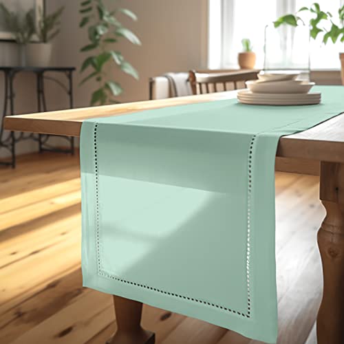 Encasa Tischläufer aus Baumwolle mit Hohlsaumdesign für 4 Seater | Minzgrün | Größe 32x150 cm | Esstischdekoration – maschinenwaschbar von Encasa XO