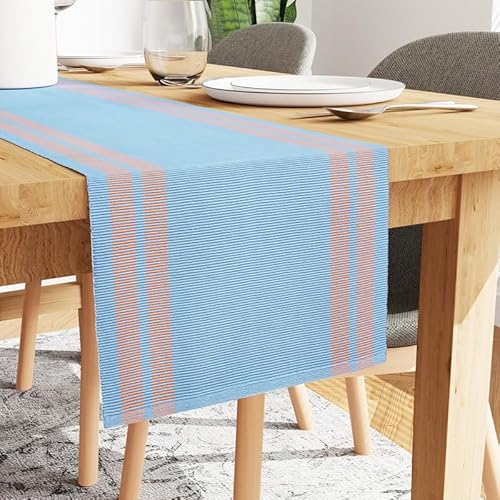 Encasa Tischläufer für 4 to 6 Seater-Esszimmer | Leiter blau | Feingerippte Baumwolle | Größe 32x183 cm | Über 20 Moderne Farben und gewebte Designs, maschinenwaschbar von Encasa