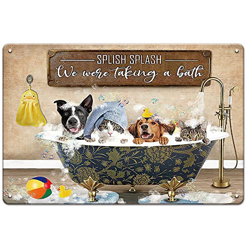 Badezimmer-Dekor-Wandkunst, Metall-Blechschild, niedliche Katze und Hund in der Badewanne, lustige Badezimmerschilder, 30,5 x 20,3 cm, Retro-Badezimmerschilder, lustige Haustiere, Tier, von Ensound