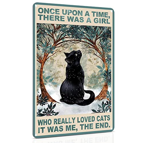 Einzigartiges Geschenk, schwarze Katze, Metallschild, wasserdichtes Aluminiummaterial, 30 x 20 cm – Once Upon a Time There was a Girl Who Loved Cat – Vintage-Wandkunst für Wohnzimmer, Küche, Bad, von Ensound