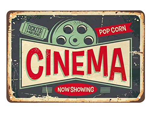 Kino-Blechschild, Tickets Here Pop Corn und Film Now Showing Vintage Metall-Blechschilder für Cafés, Bars, Pubs, Laden, Wanddekoration, lustige Retro-Schilder für Männer und Frauen, 20 x 30 cm von Ensound