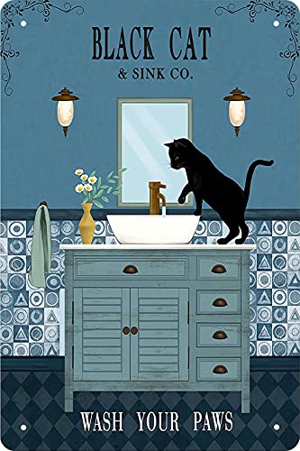 Lustige Badezimmer-Dekorschilder lustige schwarze Katze Dekor Vintage Blechschild Kaffee Katzen Druck Waschen Sie Ihre Pfoten Schwarze Katze Metall Poster Liebe Katzen Metall Poster Kunst Schwarze von Ensound