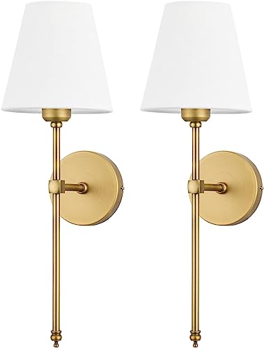 Enyhom 2 Stücke E27 Wandleuchten Innen Vintage Flur Wandlampe Deko Gold Industrial Wandlampe mit Weißem Stoffschirm für Spiegel, Wohnzimmer, Schlafzimmer und Treppe (Ohne Glühbirne) von Enyhom