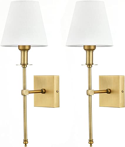 Enyhom 2 Stücke E27 Wandleuchten Innen Vintage Flur Wandlampe Deko Gold Industrial Wandlampe mit Weißem Stoffschirm für Spiegel, Wohnzimmer, Schlafzimmer und Treppe (Ohne Glühbirne) von Enyhom