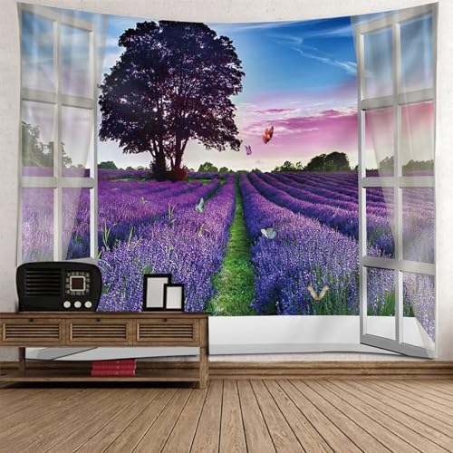 Epinki Tapisserie Fenster Lavendel, Natur Landschaft Wandteppich Wandtuch Weiß Lila aus Polyester, Hausdekor für Schlafzimmer Wohnzimmer Kinderzimmer, 150x130cm von Epinki