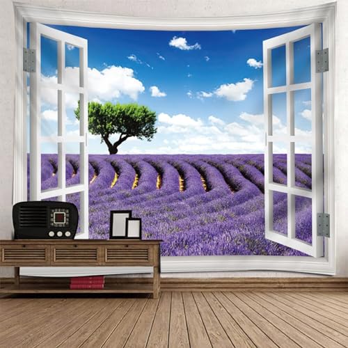 Epinki Tapisserie Fenster Lavendel Baum, Natur Landschaft Wandteppich Wandteppiche Lila Blau Grün aus Polyester, Wanddekoration für Wohnzimmer Dekor, Schlafzimmer, 150x130cm von Epinki