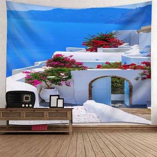 Epinki Tapisserie Meeresufer Haus, Natur Landschaft Wandteppich Wandtuch Blau Weiß Rot aus Polyester, Tapestry Geeignet für Raumdekoration, Wanddekorationskunst, 300x256cm von Epinki