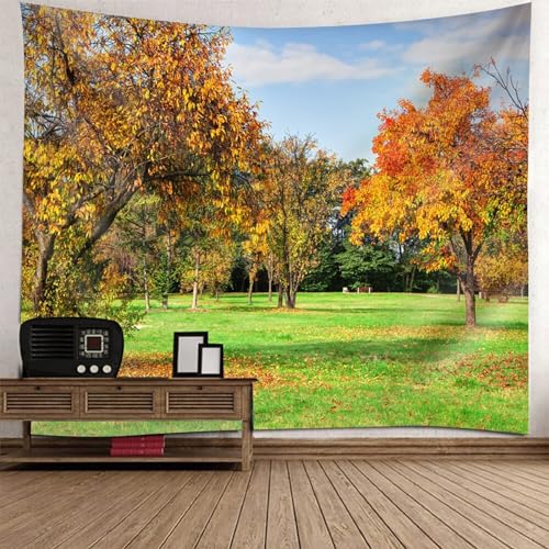 Epinki Tapisserie Wandbehang 260x240cm, Landschaft Natur Wandteppich Baum Grasnarbe Wandteppiche Orange Grün aus Polyester, Tuch für Wohnheim Schlafazimmer von Epinki