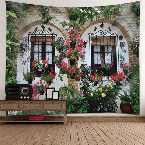 Epinki Wandbehang 210x140cm, Natur Landschaft Wandteppich Fenster Blumen Tapisserie Multicolor aus Polyester, Hausdekor für Schlafzimmer Wohnzimmer Kinderzimmer von Epinki