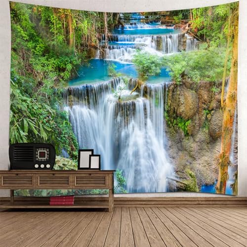Epinki Wandbehang 260x240cm, Natur Landschaft Wandteppich Berg Wasserfall Tapisserie Grün Braun Blau aus Polyester, Tapestry für Schlafzimmer Wohnzimmer Kinderzimmer von Epinki