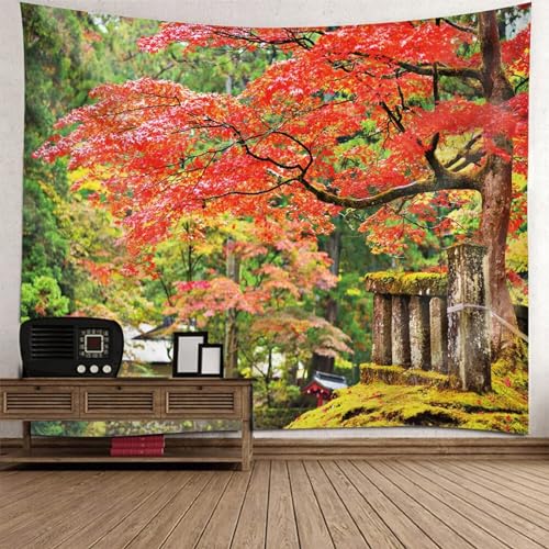 Epinki Wandbehang Baum Blumen, Landschaft Natur Wandteppich Wandteppiche Rot Grün aus Polyester, Tapestry für Wohnzimmer Dekor, Schlafzimmer, 200x200cm von Epinki
