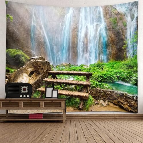 Epinki Wandbehang Berg Wasserfall, Landschaft Natur Wandteppich Wandtuch Grün Braun Weiß aus Polyester, Accessoires für Wohnzimmer Dekor, Schlafzimmer, 300x256cm von Epinki