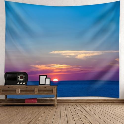 Epinki Wandteppiche 210x140cm, Natur Landschaft Wandteppich Meeresufer Sonnenuntergang Tapisserie Blau Lila aus Polyester, Wanddekoration für Schlafzimmer von Epinki