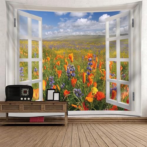 Epinki Wandteppiche 260x240cm, Natur Landschaft Wandteppich Fenster Blumen Wandbehang Gelb Orange Grün aus Polyester, Tapestry für Schlafzimmer von Epinki
