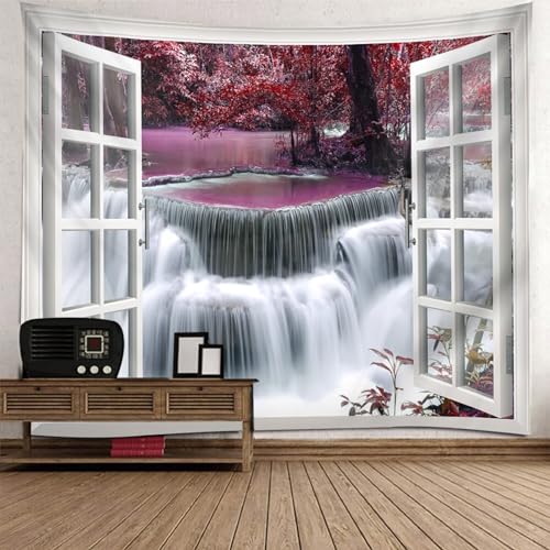 Epinki Wandteppiche Fenster Wasserfall Baum, Landschaft Natur Wandteppich Wandtuch Weiß Lila aus Polyester, Tapestry für Schlafzimmer, 150x130cm von Epinki