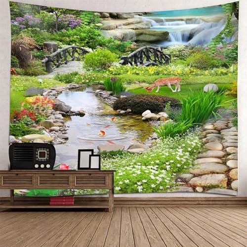 Epinki Wandteppiche Fluss Blumen, Natur Landschaft Wandteppich Wandbehang Multicolor aus Polyester, Wandtücher für Tischdecke Wohnzimmer Schlafzimmer Decor, 200x200cm von Epinki