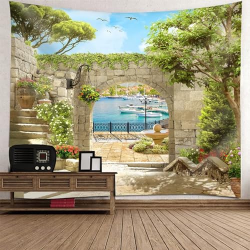 Epinki Wandteppiche Grün Beige, Landschaft Natur Wandteppich Europäisch Bogen Wandtuch aus Polyester, Wandtücher für Tischdecke Wohnzimmer Schlafzimmer Decor, 350x256cm von Epinki