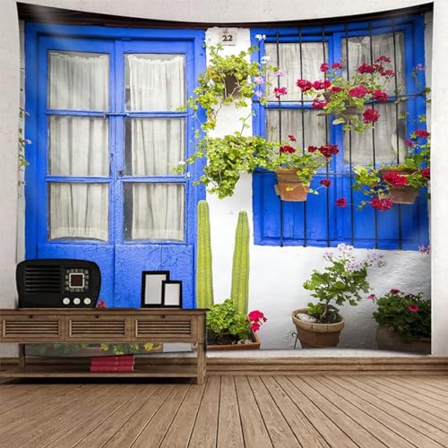 Epinki Wandteppiche Tür Fenster, Landschaft Natur Wandteppich Wandtuch Blau Grün Rot aus Polyester, Wanddekoration mit Art Nature Home Dekorationen, 200x200cm von Epinki
