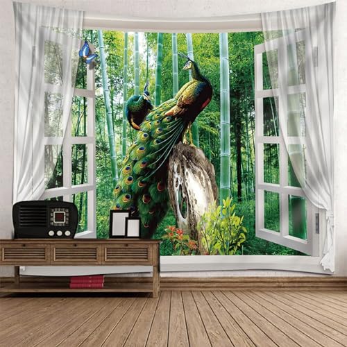 Epinki Wandteppiche Weiß Grün, Landschaft Natur Wandteppich Fenster Pfau Baum Wandtuch aus Polyester, Heimdekorationen für Schlafzimmer, 150x150cm von Epinki