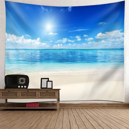 Epinki Wandtuch Blau Beige, Landschaft Natur Wandteppich Sonnenschein Meer Strand Wandbehang aus Polyester, Tapestry für Tischdecke Wohnzimmer Schlafzimmer Decor, 150x150cm von Epinki