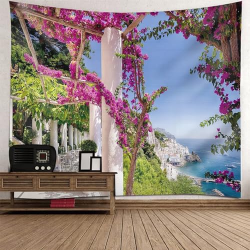 Epinki Wandtuch Multicolor, Landschaft Natur Wandteppich Meeresufer Stadtansicht Blumen Tapisserie aus Polyester, Wandtücher mit Art Nature Home Dekorationen, 150x150cm von Epinki