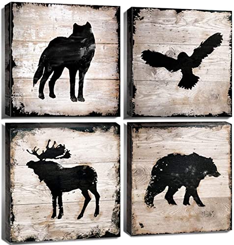 Eppedtul Cabin Decor Woodland Nursery Rustic Decor Elch Wolf Leinwanddruck Wandkunst Hirsch Bär Gemälde WandDekor Bauernhaus Tierbild (20X20cm/8x8inch) X4 Innen Rahmen von Eppedtul