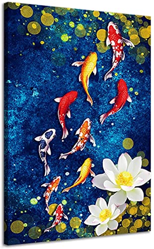 Fisch-Koi-Karpfen-Poster mit neun Fischen,Tiermalerei,Leinwanddruck,glückliche Wandkunst,Bilder Wohnzimmer,Sofa,moderne Wohnkultur [gerahmt–fertig zum Aufhängen] [20x30 cm/8x12 Zoll] Innenrahmen von Eppedtul