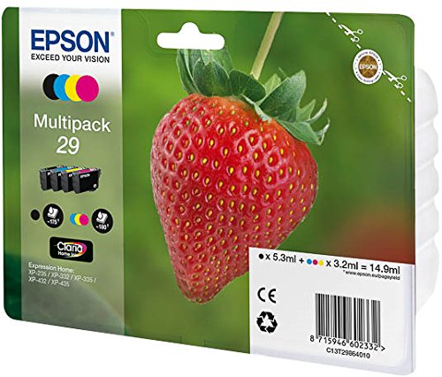 Epson 29 CMYK 3,2 ml 5,3 ml, Tintenpatrone gelb – schwarz (schwarz, cyan, magenta, gelb Tintenpatronen, für Epson Expression Home xp-235/332/335/432/1435, Standard 5,3, 3,2 FL OZ, Inkjet) von Epson