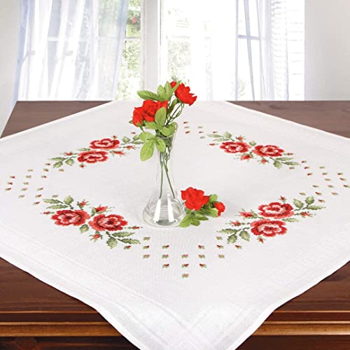 Ernst Schäfer Stickpackung ROTE ROSEN, vorgezeichnetes Kreuzstich Tischdecken Set zum Sticken, Stickset mit Stickvorlage zum Selbersticken, Weiß, 80 x 80 cm von Ernst Schäfer