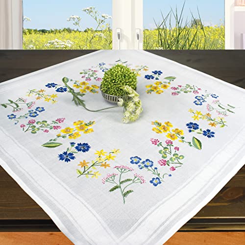 Ernst Schäfer Stickpackung Sommer Blumenwiese, Tischdecken Set vorgezeichnet zum Sticken, Blumen Stickset mit Plattstich und Stielstich zum Selbersticken, Weiß, 80 x 80 cm von Ernst Schäfer