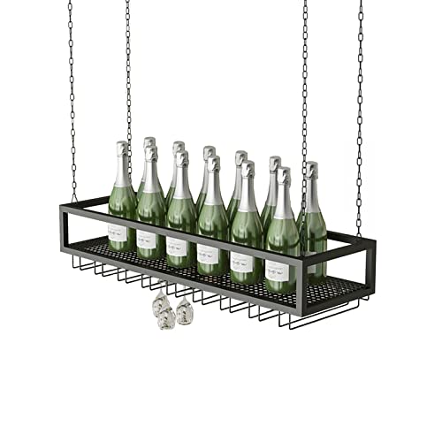 EsEntL Weinregal, an der Decke hängender Weinflaschenhalter, Vintage-Wandregal aus schwarzem Metall, Aufbewahrungsregal für Stielgläser, für Bar, Küche – höhenverstellbar (Größe: 140 x 25 x 20 cm) von EsEntL