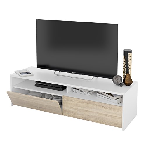 Dmora - TV-Ständer Henderson, Sideboard für Wohnzimmerfernseher mit 2 Türen, Fernsehtisch, Niedriges modernes Wohnzimmerbuffet, cm 130x40h36, Glänzend Weiß von Dmora