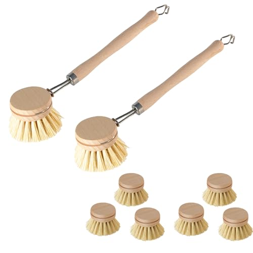 Esmula 2er Set Spülbürste Holzspülbürste + 6 Ersatzköpfe, nachhaltige Spülbürsten Holz mit 6 x Ersatzkopf, Abwaschbürste, Geschirrbürste, Küchenbürste, Bürste Küche von Esmula