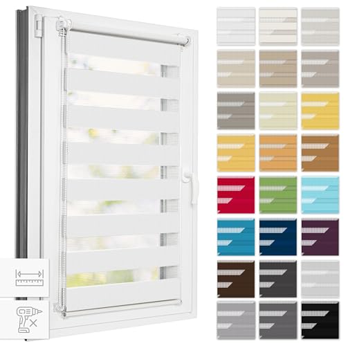 Estika Doppelrollo Klemmfix ohne Bohren, Breite alle 1 cm - 32 cm x 220 cm - Weiß - Tag und Nacht Duo Rollo, Rollos für Fenster ohne Bohren, Fenster sichtschutz von Estika