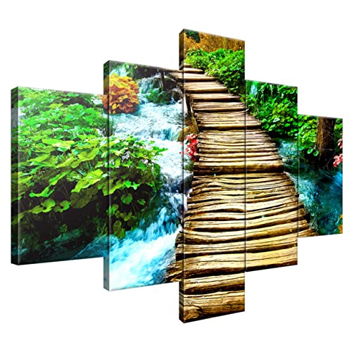 Estika® Leinwand bilder - Brücke, Fluss, Wald, Baum - 100x70 cm, 5 teilige kunstdruck - Wandbilder wohnzimmer, schlafzimmer, Moderne wanddeko, Bild auf leinwand - Natur bilder - 2557A_5A von Estika