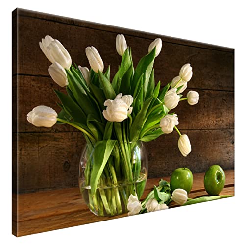 Estika® Leinwand bilder - Ecru Tulpen in Glasvase - 90x60 cm, 1 teilige kunstdruck - Wandbilder wohnzimmer, schlafzimmer, Moderne wanddeko, Bild auf leinwand - Blumen bilder - 1364A_1L von Estika