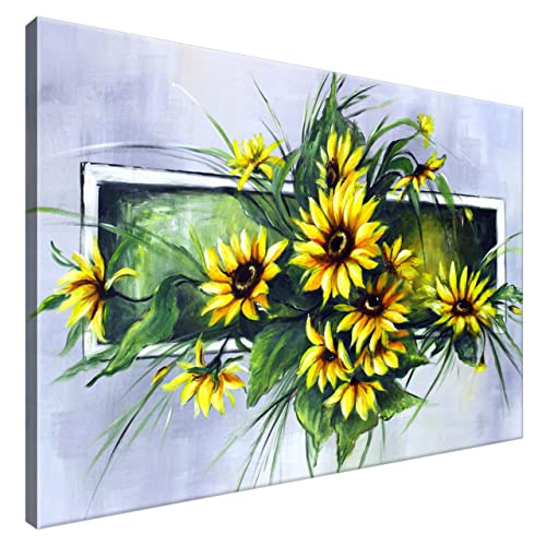 Estika® Leinwand bilder - Gelb Sonnenblumen, Grüne - 90x60 cm, 1 teilige kunstdruck - Wandbilder wohnzimmer, schlafzimmer, Moderne wanddeko, Bild auf leinwand - Blume bilder - 2350A_1L von Estika