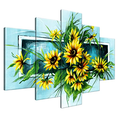 Estika® Leinwand bilder - Gelb Sonnenblumen, Türkis - 150x105 cm, 5 teilige kunstdruck - Wandbilder wohnzimmer, schlafzimmer, Moderne wanddeko, Bild auf leinwand - Blume bilder - 4589A_5H von Estika
