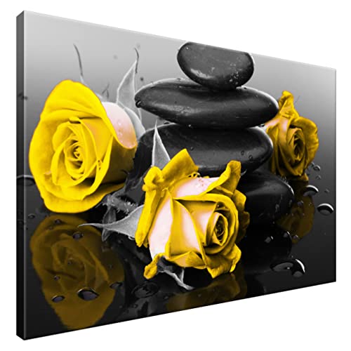 Estika® Leinwand bilder - Gelbe Rosen auf Spa-Steinen - 90x60 cm, 1 teilige kunstdruck - Wandbilder wohnzimmer, schlafzimmer, Moderne wanddeko, Bild auf leinwand - Blumen bilder - 2554A_1L von Estika