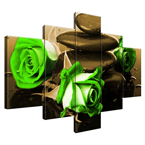 Estika® Leinwand bilder - Grüne Rosen auf Spa-Steinen - 100x70 cm, 5 teilige kunstdruck - Wandbilder wohnzimmer, schlafzimmer, Moderne wanddeko, Bild auf leinwand - Blumen bilder - 1423A_5A von Estika
