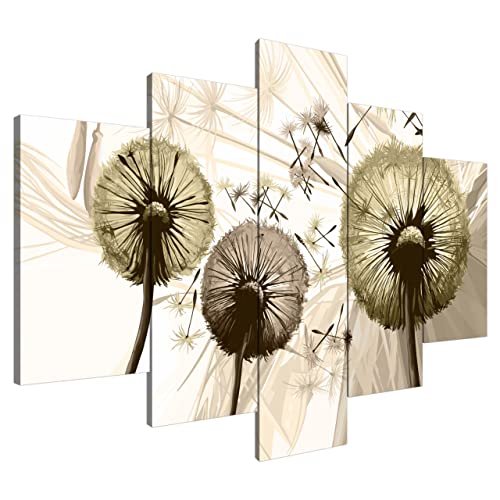 Estika® Leinwand bilder - Pusteblume Sepia - 150x105 cm, 5 teilige kunstdruck - Wandbilder wohnzimmer, schlafzimmer, Moderne wanddeko, Bild auf leinwand - Blumen bilder - 4155A_5H von Estika