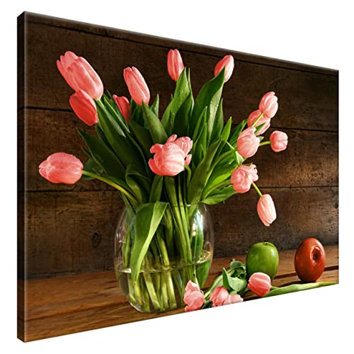 Estika® Leinwand bilder - Rosa Tulpen in Glasvase - 90x60 cm, 1 teilige kunstdruck - Wandbilder wohnzimmer, schlafzimmer, Moderne wanddeko, Bild auf leinwand - Blumen bilder - 2157A_1L von Estika