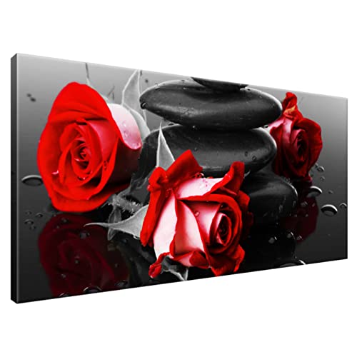 Estika® Leinwand bilder - Rote Rosen auf Spa-Steinen - 115x55 cm, 1 teilige kunstdruck - Wandbilder wohnzimmer, schlafzimmer, Moderne wanddeko, Bild auf leinwand - Blumen bilder - 1400A_1AE von Estika