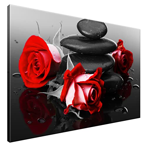 Estika® Leinwand bilder - Rote Rosen auf Spa-Steinen - 120x80 cm, 1 teilige kunstdruck - Wandbilder wohnzimmer, schlafzimmer, Moderne wanddeko, Bild auf leinwand - Blumen bilder - 1400A_1B von Estika